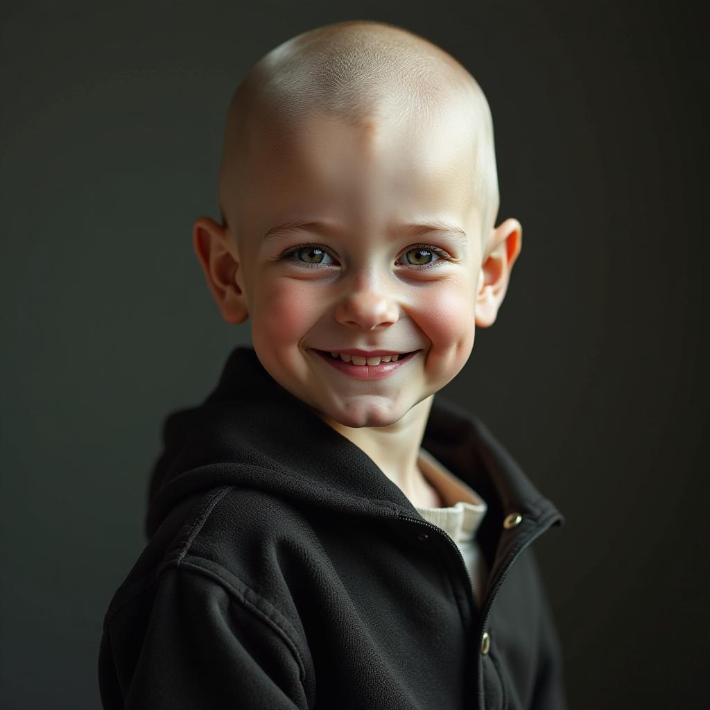  a beautiful bald girl is smiling. hyperrealistic, full body, detailed clothing, highly detailed, cinematic lighting, stunningly beautiful, intricate, sharp focus, f/1. 8, 85mm, (centered image composition), (professionally color graded), ((bright soft diffused light)), volumetric fog, trending on instagram, trending on tumblr, HDR 4K, 8K