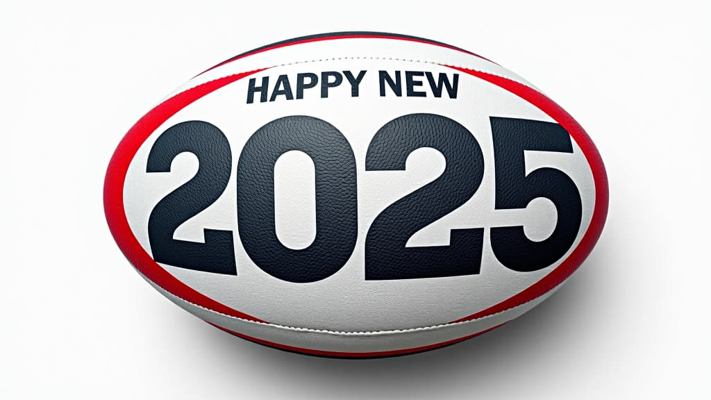  happy new 2025 year rugby themed, white rugby ball background, sport concept, template, numbers