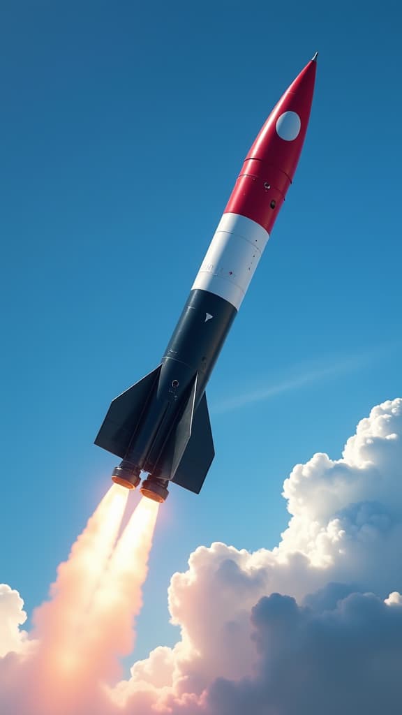  a sleek hypersonic ballistic missile soaring through a clear blue sky, prominently featuring the yemeni flag wrapped around its body. the flag displays bold horizontal stripes of vibrant red at the top, crisp white in the middle, and deep black at the bottom. wisps of clouds trail behind the missile as it ascends, with sunlight glinting off its metallic surface, creating a striking contrast against the serene backdrop.