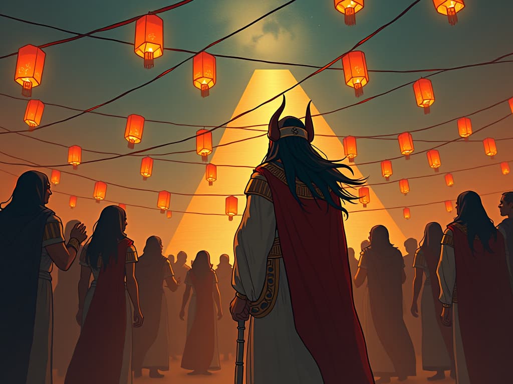  ancient egyptian festival, lanterns hanging, communities gathering, joyful and unifying atmosphere. the style is digital art illustration / modern comic book / mysterious occult, symbolic, esoteric vibe,high detail on character design, incorporating ancient egyptian symbology and attire.