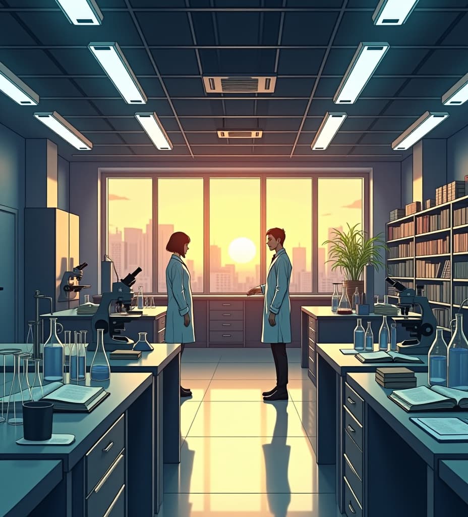  good quality, high quality, a wide angle manga style scene depicting a modern laboratory, filled with sleek lab equipment and glowing fluorescent lights. the setting is calm but busy, with workstations scattered with beakers, test tubes, and scientific apparatus. in the center of the room, there are large lab tables with open books, microscopes, and chemical vials neatly arranged. shelves lining the walls are stacked with research books and scientific journals. in the background, through a large window, the soft light of a late afternoon filters in, casting a warm glow across the room. two figures, the male and female scientists, are in different parts of the lab, both absorbed in their work but subtly aware of each other. the scene has a c