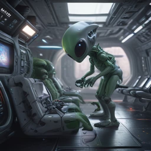 A playful alien playing video games in a futuristic, abstract space station.