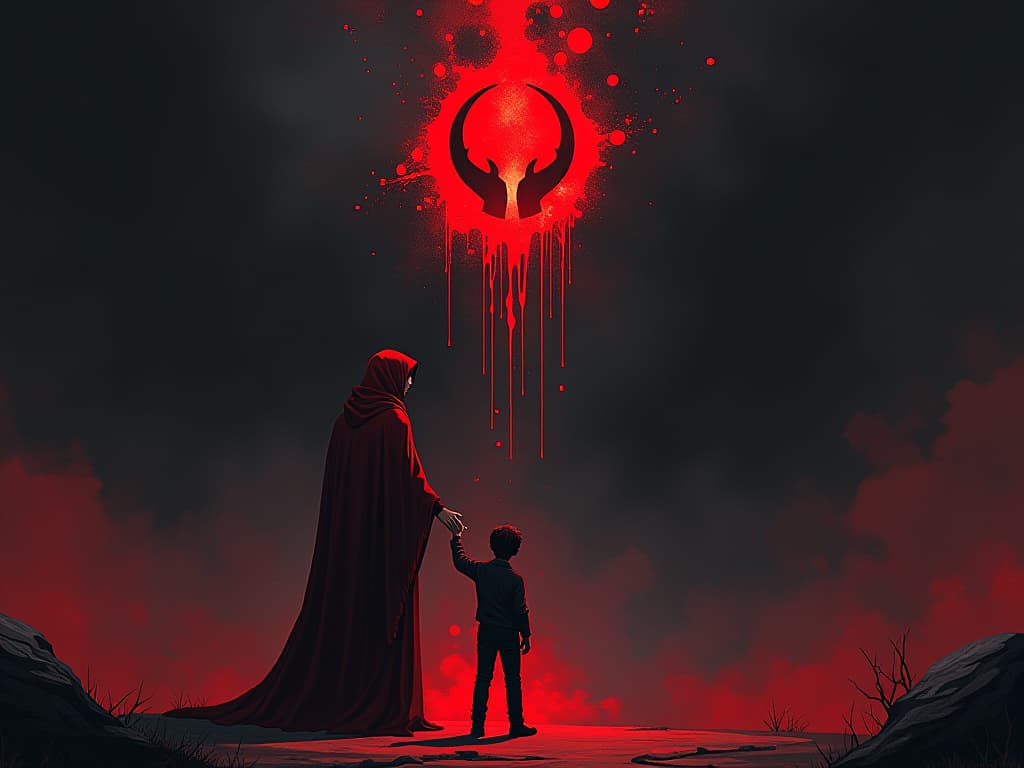  person in red, approaching another with outstretched hand, symbols of peace surrounding, desire for reconciliation. the style is digital art illustration / modern comic book / graphic dark novel fantasy and mysterious occult, symbolic, moody lighting, esoteric vibe,high detail on character design. for the color scheme emphasize blacks and reds.