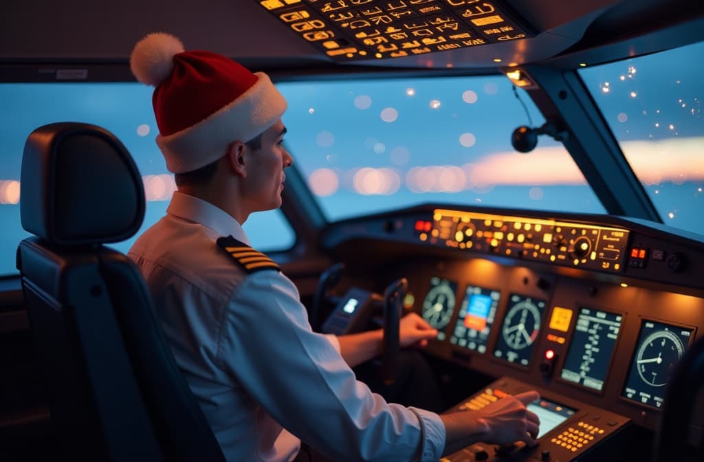  the pilot of a passenger plane sits at the controls in a pilot's uniform, wearing a red new year's hat with a white pom pom, the interior of the cabin is decorated with new year's lights {prompt}, maximum details