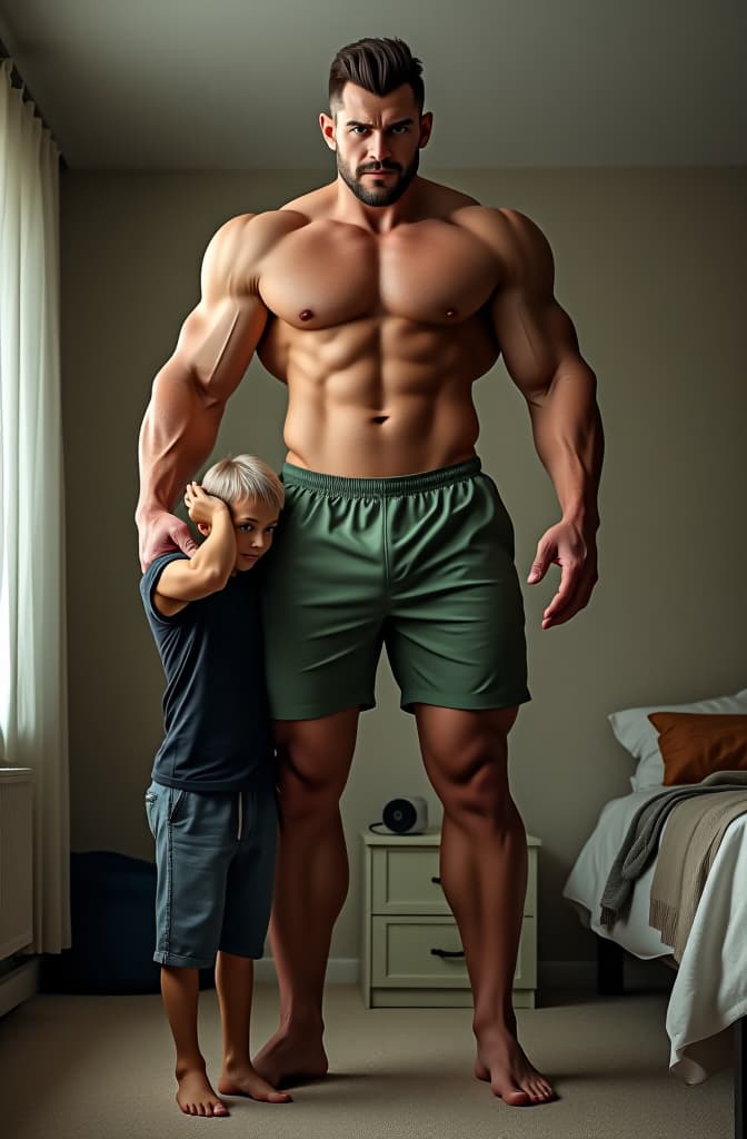  a 20 foot tall, old, wide shouldered, shredded, extremely handsome, toned bodybuilder wearing green short shorts and no shirt, with short brown flipped up hair and an extremely chiseled jaw, who is standing in his bedroom, the 9 foot ceiling with his head, lifting his tiny, old friend wearing a black teeshirt and blue shorts who is only as tall as the bodybuilders waist and barley bigger than his hand. emphasize height and width difference., realistic, portrait, art by donato giancola and greg rutkowski, realistic face, digital art, trending on artstation hyperrealistic, full body, detailed clothing, highly detailed, cinematic lighting, stunningly beautiful, intricate, sharp focus, f/1. 8, 85mm, (centered image composition), (professionally color graded), ((bright soft diffused light)), volumetric fog, trending on instagram, trending on tumblr, HDR 4K, 8K