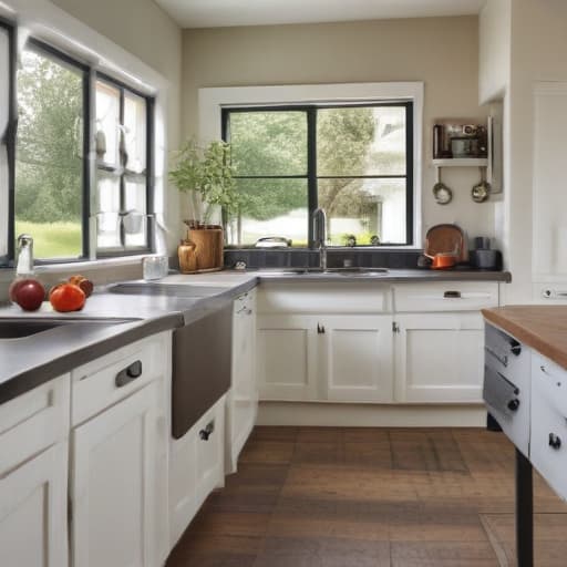 High-quality image of a kitchen with table, cabinetry, appliances, and decor, captured with a mirrorless camera, 16-35mm lens, f/4, ISO 200. The scene, bathed in natural morning light, blends functionality with aesthetics, meticulous detail, a mix of materials, and innovative solutions for ease of use and personal expression. Enhance the welcoming, sophisticated, and practically beautiful atmosphere, a Dutch Rural Kitchen with white cabinets, and ample natural light from oversized windows. Vintage farmhouse sink, complemented by modern amenities like stainless steel appliances, blending a cozy, country feel with contemporary convenience kitchen with a sink and a window, bright window lit kitchen, kitchen counter, concrete hitech interior,  hyperrealistic, full body, detailed clothing, highly detailed, cinematic lighting, stunningly beautiful, intricate, sharp focus, f/1. 8, 85mm, (centered image composition), (professionally color graded), ((bright soft diffused light)), volumetric fog, trending on instagram, trending on tumblr, HDR 4K, 8K