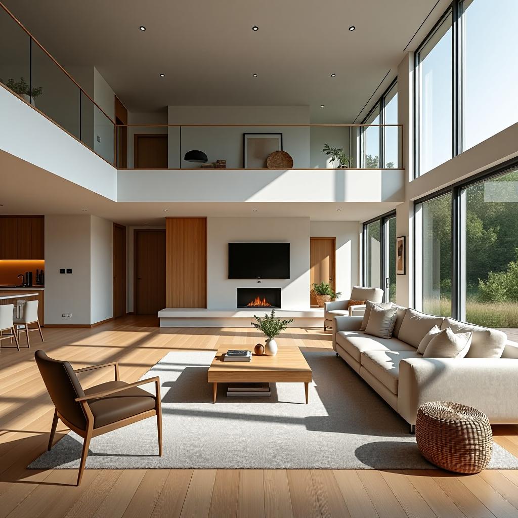  capture a stunningly beautiful, unedited 8k hdr photograph of a large scandinavian style living room, defined by simplicity, functionality, clean lines, and muted tones, creating a warm and inviting gathering space for relaxation and entertainment. this hyperrealistic image, taken from an establishing shot perspective, shows the context of an interior with a mezzanine level. the photograph features sharp focus, symmetrical balance, and dense furnishings and decorations, illuminated by bright, soft, diffused sunny light. the scene is professionally color graded, enhancing the intricate details and the stunning beauty of the intricately blurred background.