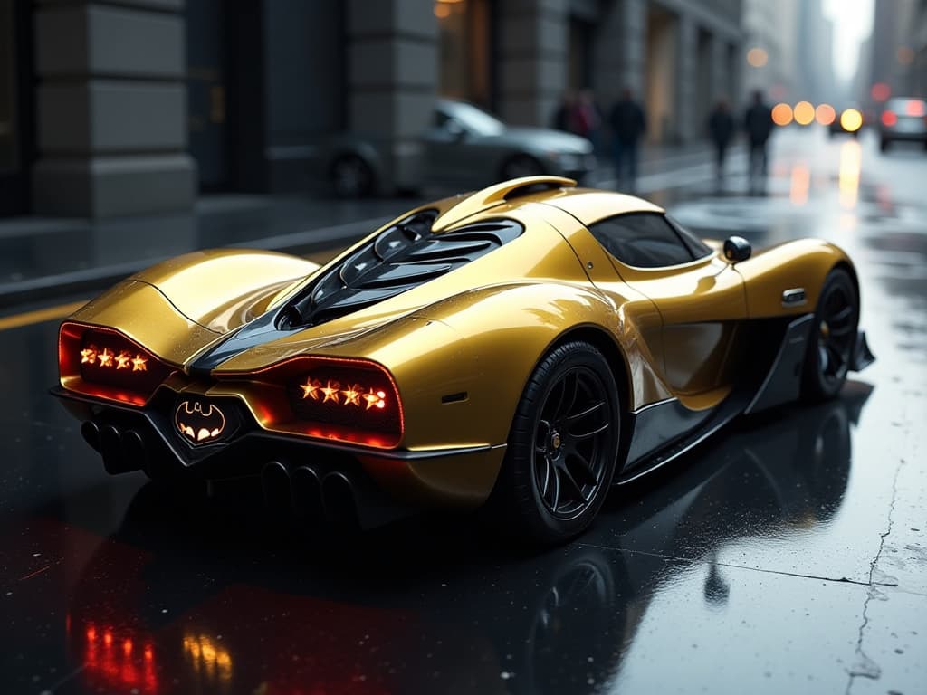  a sleek, gold and black batmobile designed to resemble a high performance sports coupe. the vehicle features an aerodynamic silhouette with bold lines and curves, complemented by multiple jet exhaust slits prominently protruding from the back bumper. it rests on a futuristic backdrop, highlighting its striking colors and sophisticated design.