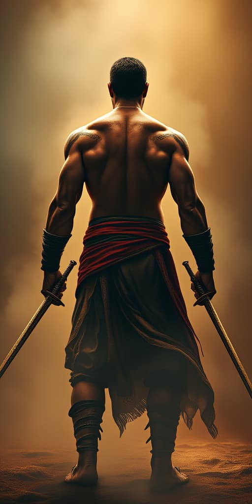  an ancient warrior in open muscular body, holding swords in both hands, depicted from the back view in a smoke filled environment., high quality, high details, hd, perfect composition, 4k epic detailed, highly detailed, sharp focus, high resolution