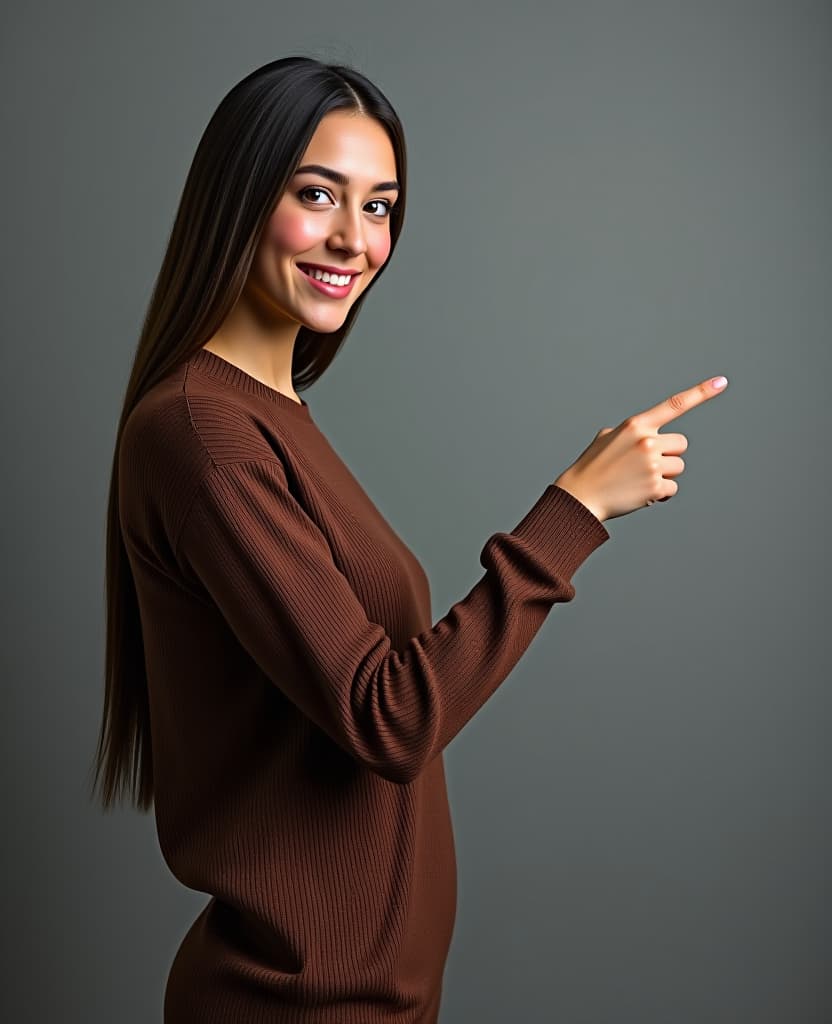  hyperrealistic art a pretty smiling man, waist high, points with her hand to the side to a place to copy from the side, at waist level, on a gray background . extremely high resolution details, photographic, realism pushed to extreme, fine texture, incredibly lifelike