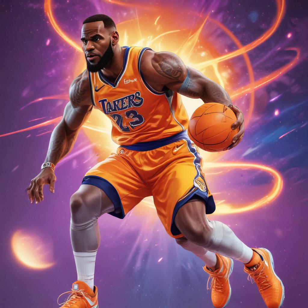 distance-shot, flashy, full-body, dynamic, holographic, animated cartoon poster of lebron james in the style of dragon ball super