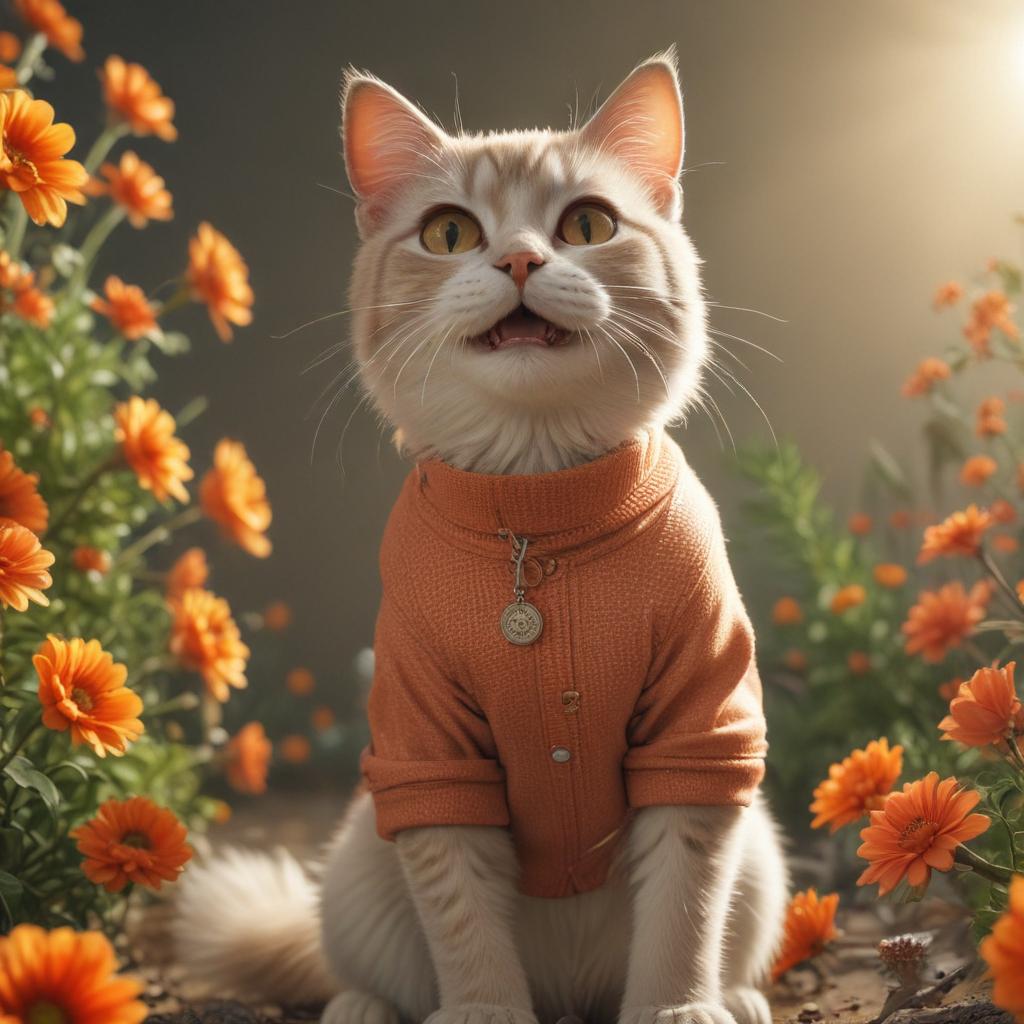 ((masterpiece)),(((best quality))), 8k, high detailed, ultra detailed, A girl, cartoon cat, stretching, ((warm colors)), happy expression, fresh flowers hyperrealistic, full body, detailed clothing, highly detailed, cinematic lighting, stunningly beautiful, intricate, sharp focus, f/1. 8, 85mm, (centered image composition), (professionally color graded), ((bright soft diffused light)), volumetric fog, trending on instagram, trending on tumblr, HDR 4K, 8K