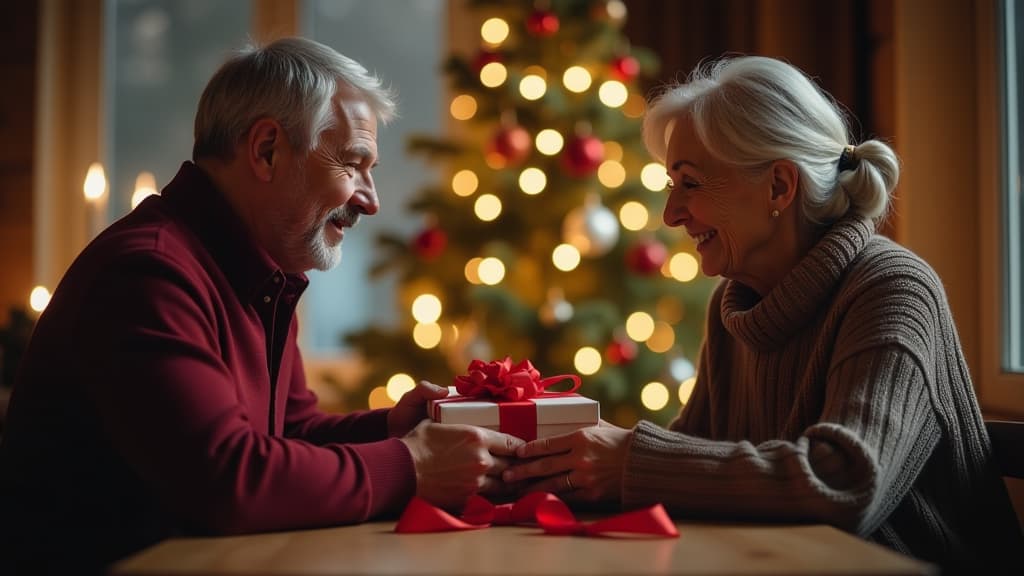  gray haired man giving gift with red ribbon to gray haired woman at table near christmas tree, bokeh, happiness, holiday ar 16:9 {prompt}, maximum details