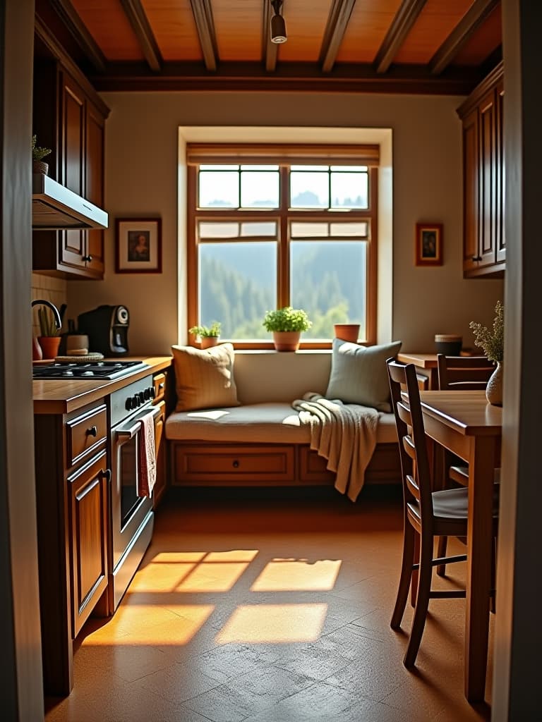  high quality portrait photo of a cozy kitchen nook with warm, honey colored cork flooring, showcasing its natural texture and comfort underfoot, complemented by wooden furniture hyperrealistic, full body, detailed clothing, highly detailed, cinematic lighting, stunningly beautiful, intricate, sharp focus, f/1. 8, 85mm, (centered image composition), (professionally color graded), ((bright soft diffused light)), volumetric fog, trending on instagram, trending on tumblr, HDR 4K, 8K