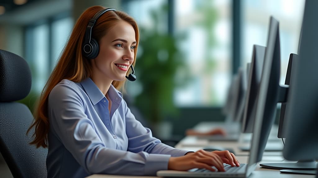  happy russian call center agent wearing headset talking to client working in customer support office. professional contract service telemarketing operator using laptop having conversation. ar 16:9 {prompt}, maximum details