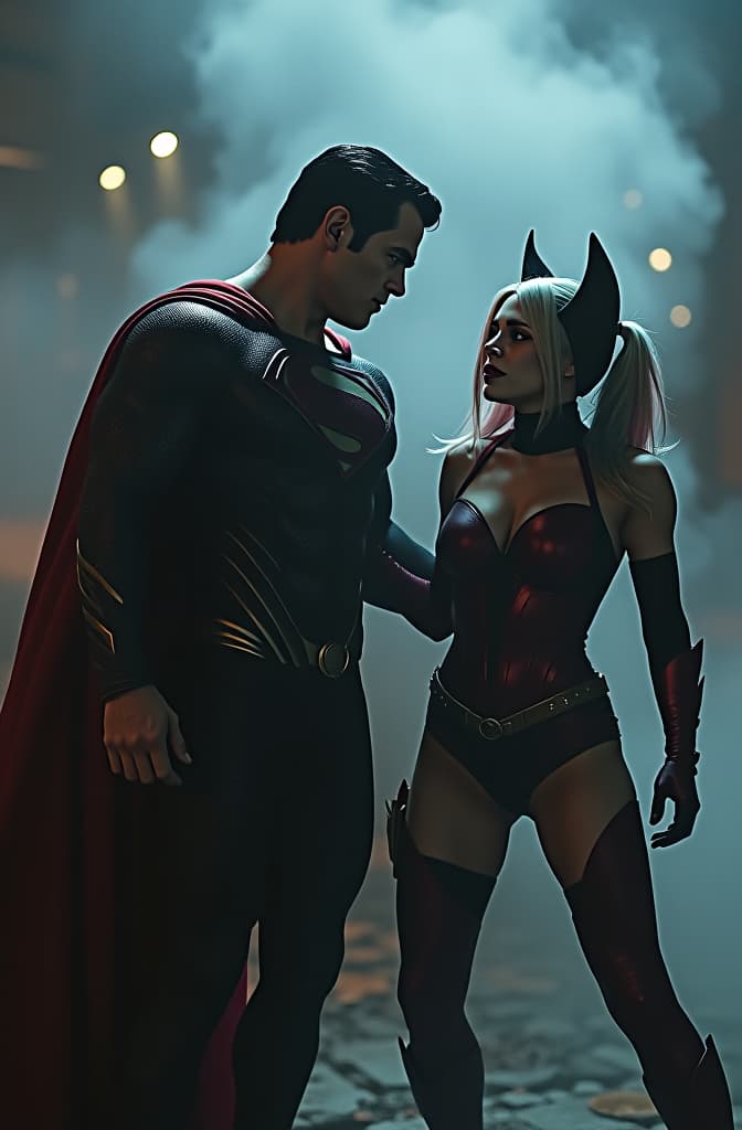  superman defeated by catwoman and harley quin hyperrealistic, full body, detailed clothing, highly detailed, cinematic lighting, stunningly beautiful, intricate, sharp focus, f/1. 8, 85mm, (centered image composition), (professionally color graded), ((bright soft diffused light)), volumetric fog, trending on instagram, trending on tumblr, HDR 4K, 8K