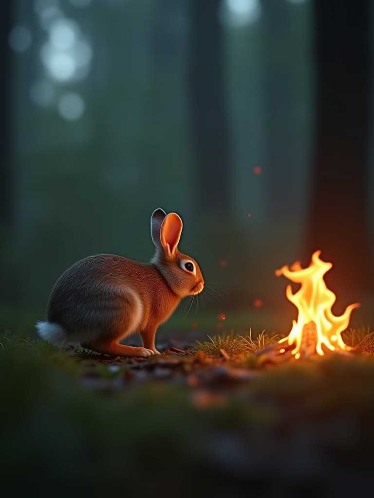  the little rabbit, near the edge of the forest, without hesitation, it dashes toward the fire, while the firelight faintly illuminates the forest behind it. photo realistic, highly intricate and detailed, masterpiece, ultra high res,photography,8k resolution