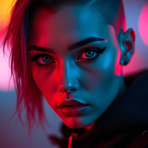  ultra realistic close up portrait ((beautiful pale cyberpunk female with heavy black eyeliner)), blue eyes, shaved side haircut, hyper detail, cinematic lighting, magic neon, dark red city, canon eos r3, nikon, f/1.4, iso 200, 1/160s, 8k, raw, unedited, symmetrical balance, in frame, 8k hyperrealistic, full body, detailed clothing, highly detailed, cinematic lighting, stunningly beautiful, intricate, sharp focus, f/1. 8, 85mm, (centered image composition), (professionally color graded), ((bright soft diffused light)), volumetric fog, trending on instagram, trending on tumblr, HDR 4K, 8K