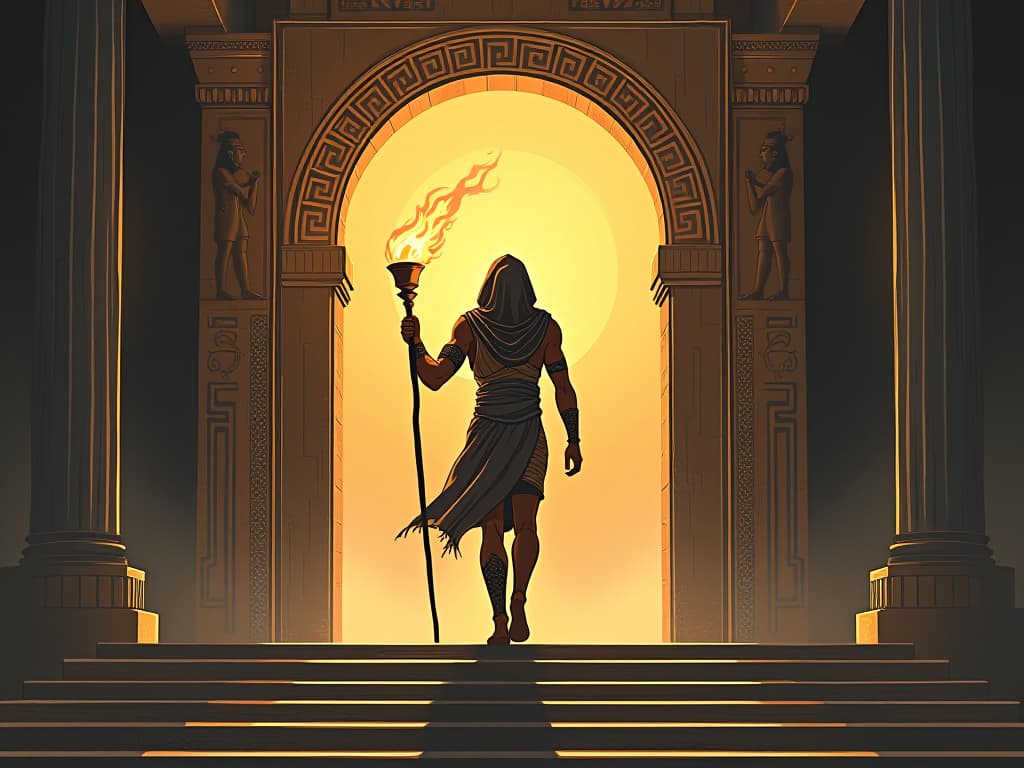  ancient warrior carrying a torch, stepping through a portal, symbolizing the catalyst for growth. the style is digital art illustration / modern comic book / mysterious occult, symbolic, esoteric vibe,high detail on character design, incorporating ancient egyptian symbology and attire.