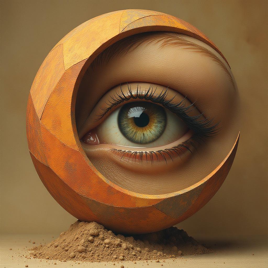  abstract design using a a cube and giant crescent highly detailed realistic eye in the middle brown tones orange tones tan mystical surrounding