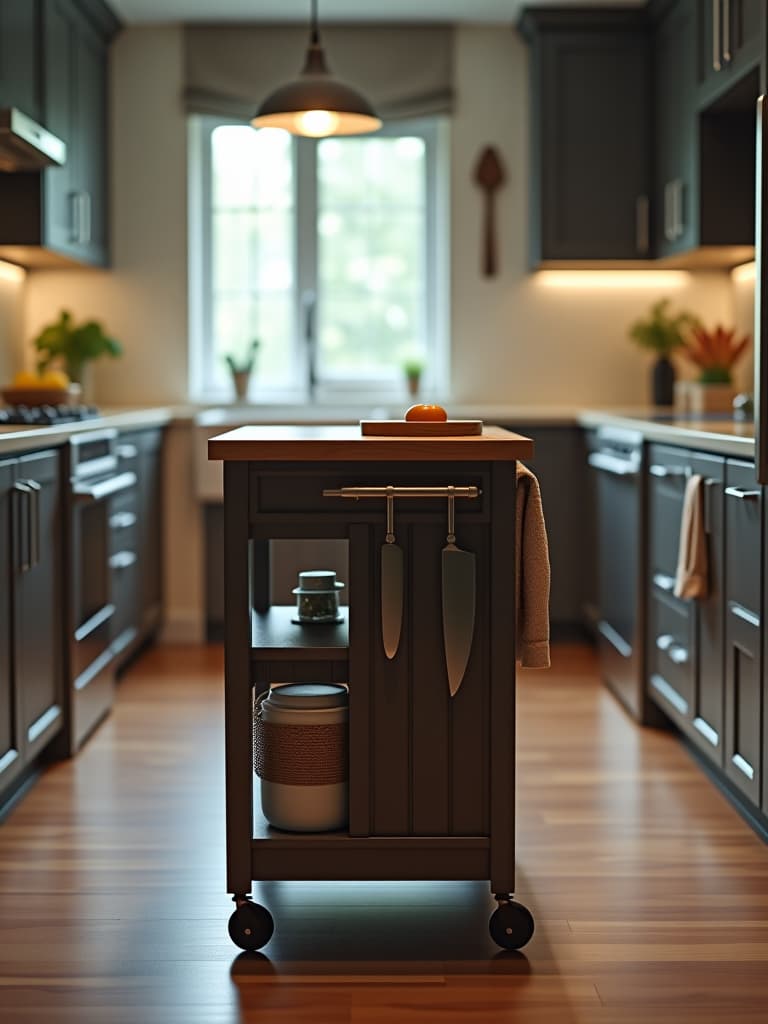  high quality portrait photo of a close up of a sleek, narrow kitchen island on wheels with built in cutting board and knife storage, positioned in a galley style kitchen hyperrealistic, full body, detailed clothing, highly detailed, cinematic lighting, stunningly beautiful, intricate, sharp focus, f/1. 8, 85mm, (centered image composition), (professionally color graded), ((bright soft diffused light)), volumetric fog, trending on instagram, trending on tumblr, HDR 4K, 8K