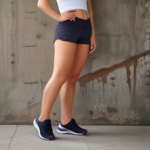 Woman in lululemon shorts , bent at waist with Old Wall background