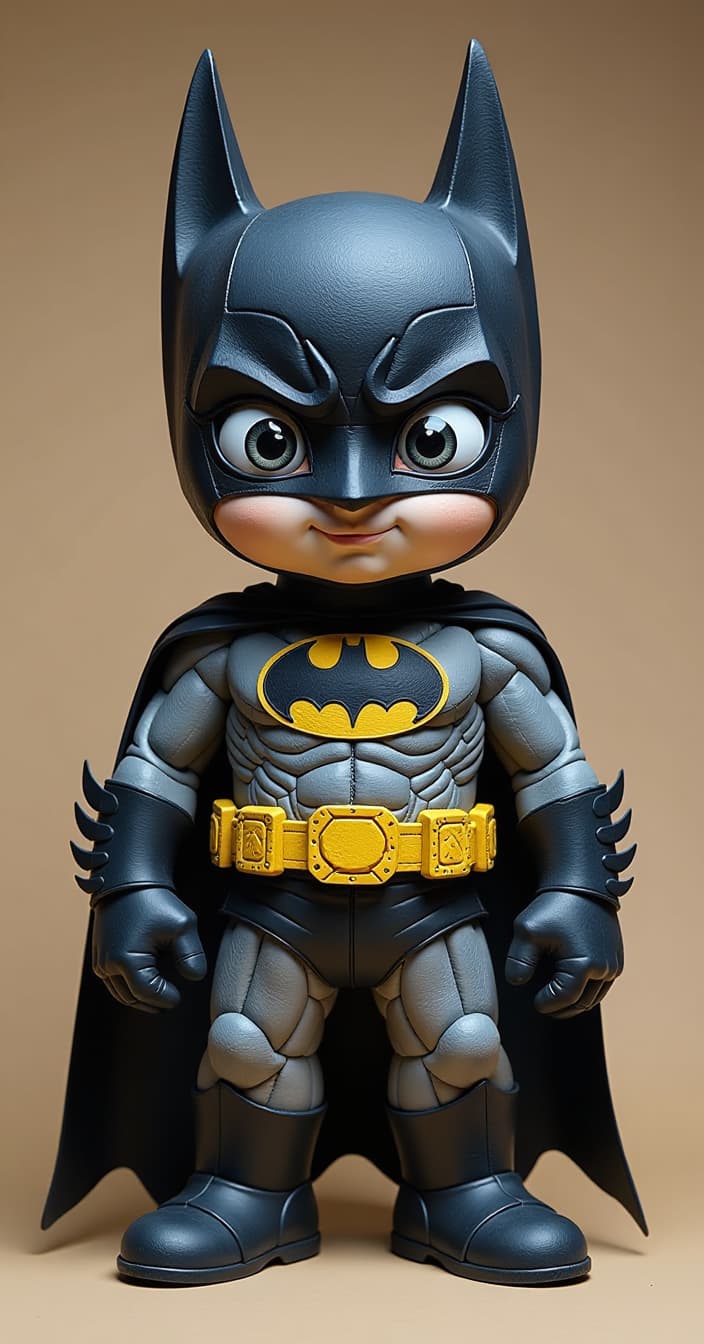  paper mache representation of batman . 3d, sculptural, textured, handmade, vibrant, fun