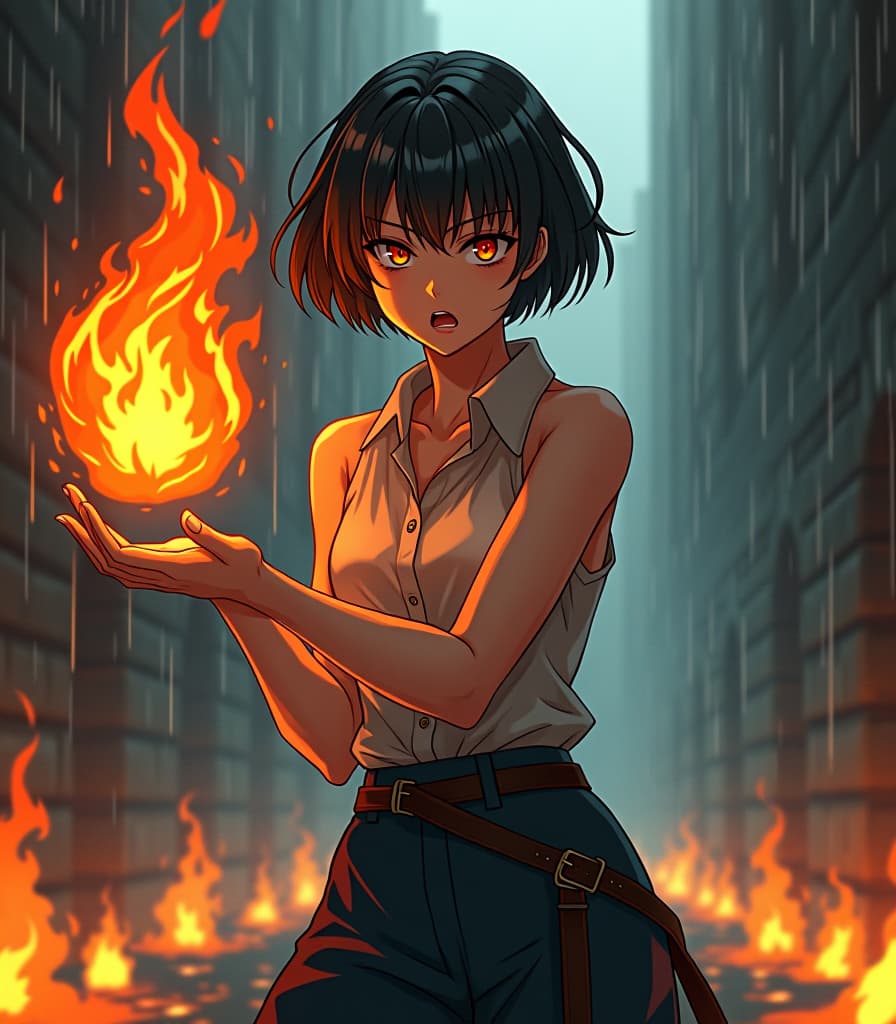  manga style (high detail:1.2), (high resolution), (ultra detaile), angry turns into fire, commands fire, holds a flame in the palm of her hand, is engulfed in fire, there's fire all around, orange irises, black short hair, sleeveless shirt, dark trousers, dark belt, stone walls, rain, drops evaporate, steam, the middle ages . vint, high energy, detailed, iconic, japanese comic style hyperrealistic, full body, detailed clothing, highly detailed, cinematic lighting, stunningly beautiful, intricate, sharp focus, f/1. 8, 85mm, (centered image composition), (professionally color graded), ((bright soft diffused light)), volumetric fog, trending on instagram, trending on tumblr, HDR 4K, 8K