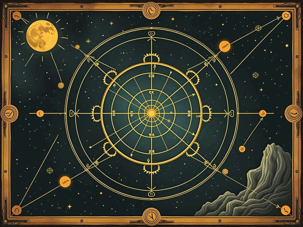  astral map with golden lines charting unpredictable paths through a galaxy, glowing constellations, mysterious, cosmic guidance. an illustration in the style of a worn, mystical old tarot trump card, mysterious and elements of surrealism. the colors are muted, somber and eerie, but with contrast bring out an occult and esoteric vibe.