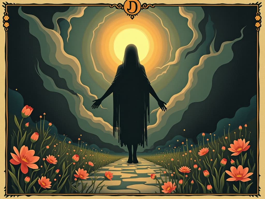  a radiant figure standing on a path of light, surrounded by blossoming flowers and swirling energy, light emanating from the figure's core, enlightened, ascendant. an illustration in the style of a worn, mystical old tarot trump card, mysterious and elements of surrealism. the colors are muted, somber and eerie, but with contrast bring out an occult and esoteric vibe.