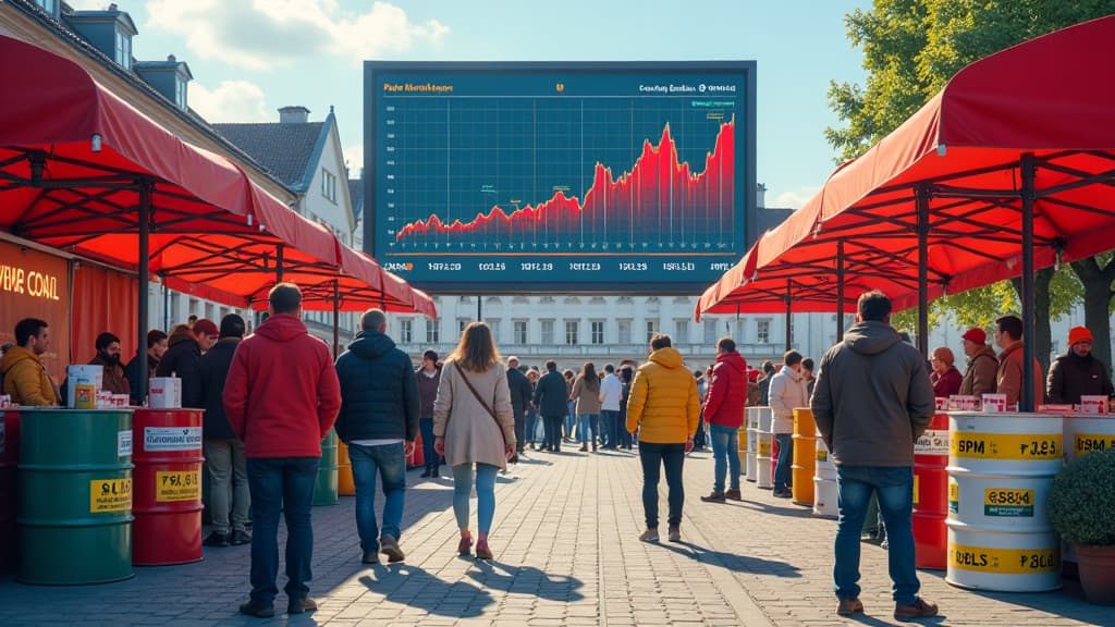  create an image that showcases the vibrant world of heating oil prices in pfaffenhofen a.d. ilm district. the scene is set in a bustling marketplace filled with colorful oil barrels and price tags, symbolizing the best deals and savings potential. in the center, a giant digital screen displays fluctuating price graphs, representing the dynamic price development. surrounding the screen, a diverse group of people are engaged in purchasing activities, interacting with vendors and comparing prices.