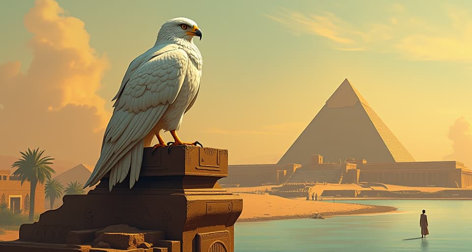  a majestic white falcon, perched high on an ancient egyptian obelisk, overlooking a distant figure walking along the nile. the style is digital art illustration / modern comic book / mysterious occult, symbolic, esoteric vibe,high detail on character design, incorporating ancient egyptian symbology and attire.