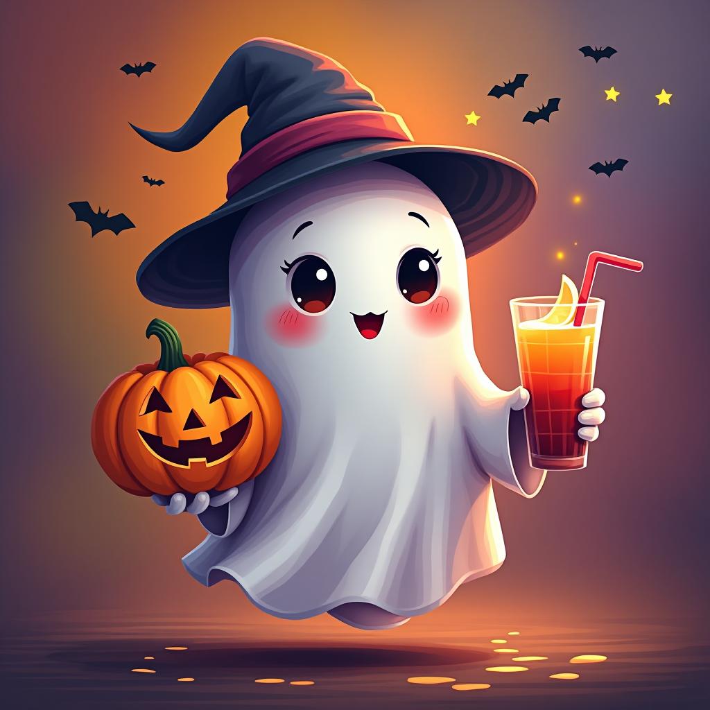  create a digital painting featuring a cute ghost character. the ghost should be wearing a hat. in one hand, the ghost should hold a pumpkin with a carved face, and in the other hand, a halloween themed drink. the background should be colorfull and include small black bats and stars to add a playful halloween touch. the overall style should be cute, whimsical, and colorful hyperrealistic, full body, detailed clothing, highly detailed, cinematic lighting, stunningly beautiful, intricate, sharp focus, f/1. 8, 85mm, (centered image composition), (professionally color graded), ((bright soft diffused light)), volumetric fog, trending on instagram, trending on tumblr, HDR 4K, 8K