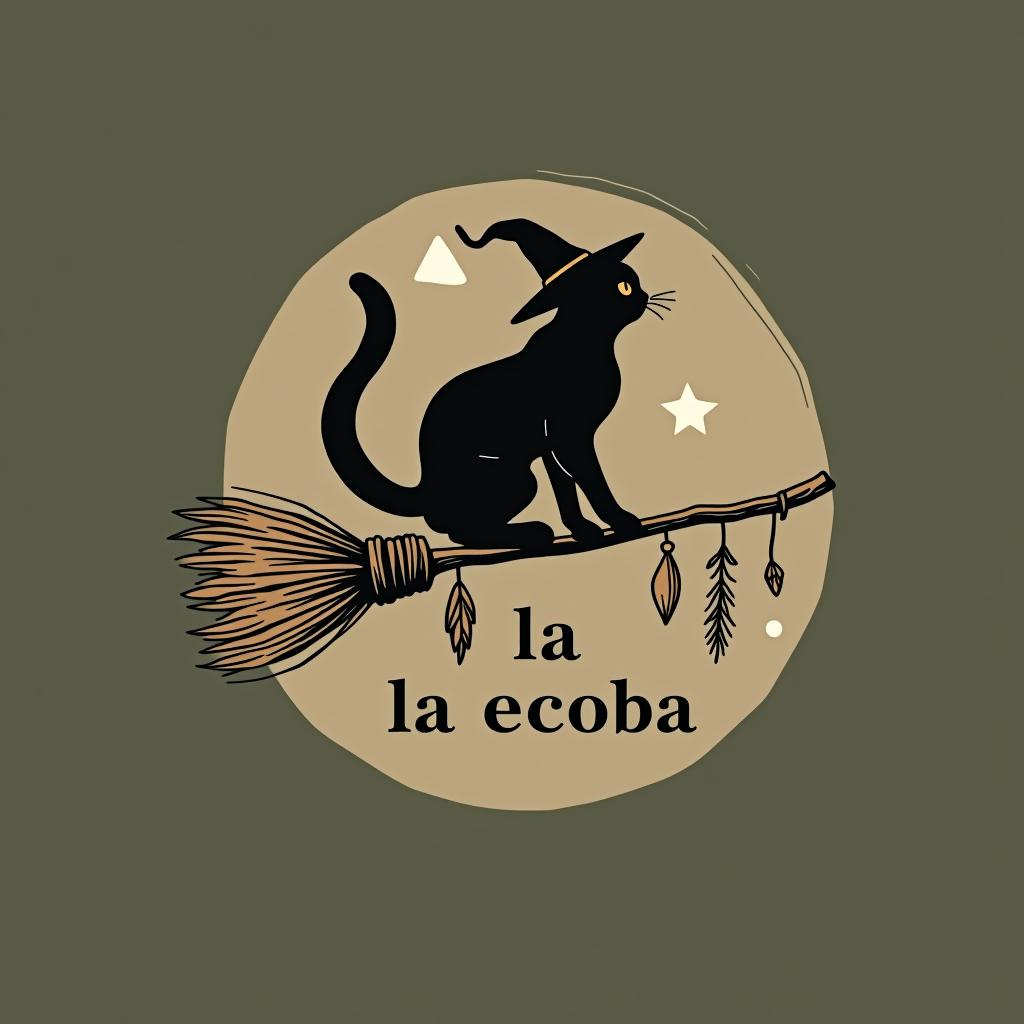  design a logo, in a minimalism style. witchy, black cat riding on a broom, dried herbs hanging off broom, cottage core aesthetic, crystals,spells, with the text 'la escoba'.