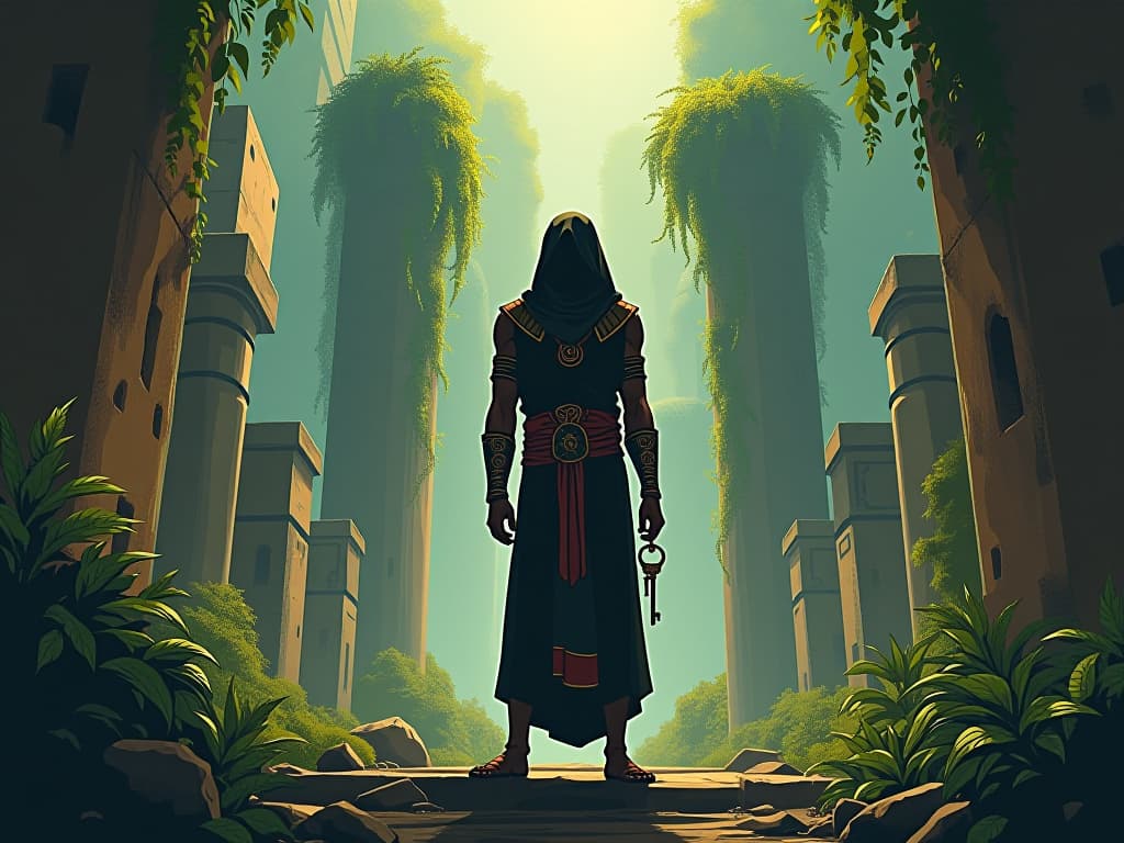  figure standing before ancient, overgrown ruins, keys hanging from their belt, symbolizing unlocking potential and hidden wisdom. the style is digital art illustration / modern comic book / mysterious occult, symbolic, esoteric vibe,high detail on character design, incorporating ancient egyptian symbology and attire.