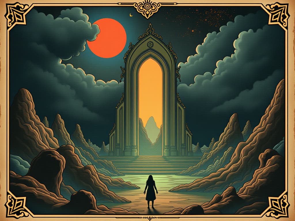  a vivid dream scene with a glowing portal, mythical creatures and otherworldly landscapes, intentional and meaningful, windows to the subconscious. an illustration in the style of a worn, mystical old tarot trump card, mysterious and elements of surrealism. the colors are muted, somber and eerie, but with contrast bring out an occult and esoteric vibe.