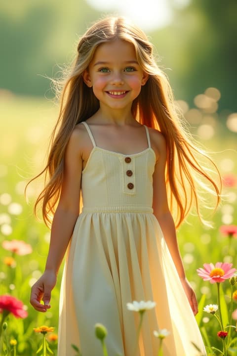  a beautiful girl with long, flowing hair, standing gracefully in a sunlit meadow. she has sparkling green eyes and a warm smile, wearing a flowing white dress that billows softly in the gentle breeze. the background is filled with vibrant wildflowers and lush greenery, creating a serene and enchanting atmosphere. her hair glistens like silk, catching the sunlight as it cascades down her shoulders. the scene conveys a sense of peace and beauty, capturing the essence of youth and joy.