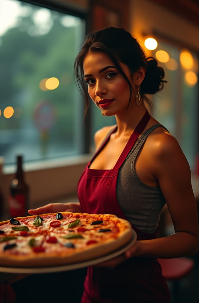  mulher entregdora de pizza hyperrealistic, full body, detailed clothing, highly detailed, cinematic lighting, stunningly beautiful, intricate, sharp focus, f/1. 8, 85mm, (centered image composition), (professionally color graded), ((bright soft diffused light)), volumetric fog, trending on instagram, trending on tumblr, HDR 4K, 8K