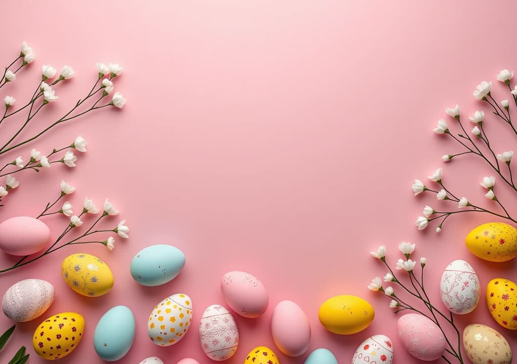  colorful easter eggs collage over minimal pastel pink and flat lay background