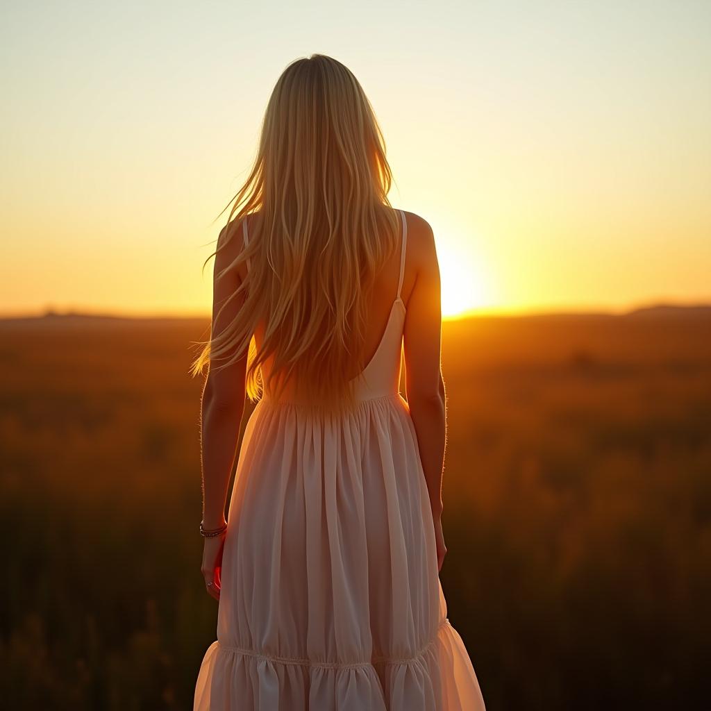  i am standing in a long white dress, watching the sunset with my long blonde hair.