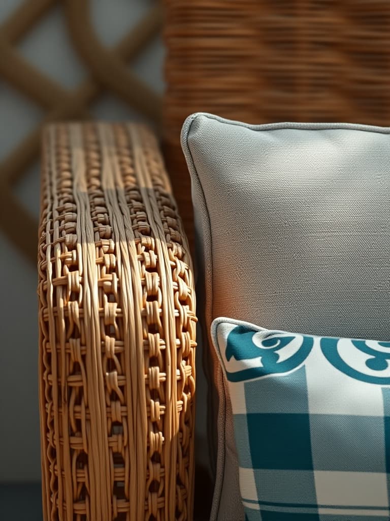  high quality portrait photo of a close up view of various patio furniture textures, showcasing the intricate details of wood grain, woven wicker, brushed metal, and weather resistant fabrics, arranged in an artistic composition hyperrealistic, full body, detailed clothing, highly detailed, cinematic lighting, stunningly beautiful, intricate, sharp focus, f/1. 8, 85mm, (centered image composition), (professionally color graded), ((bright soft diffused light)), volumetric fog, trending on instagram, trending on tumblr, HDR 4K, 8K