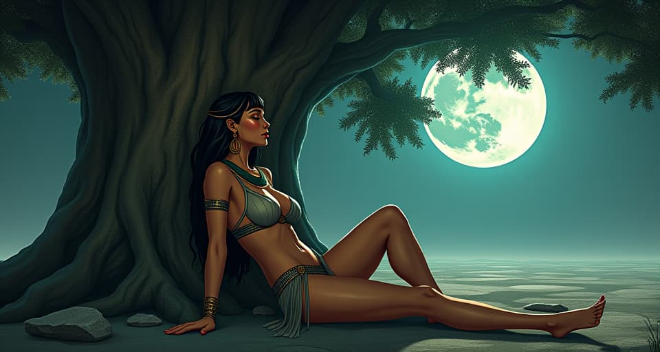  large busted female figure in a scant, sheer outfit reclining under an ancient tree, eyes closed in meditation, a sanctuary of silence and strength, ethereal moonlight. the style is digital art illustration / modern comic book / mysterious occult, symbolic, esoteric vibe,high detail on character design, incorporating ancient egyptian symbology and attire.