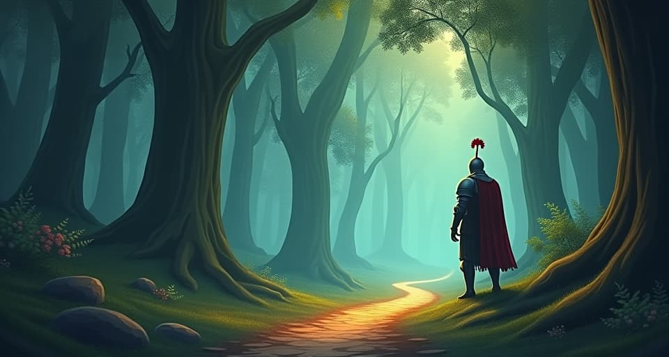  a determined knight in radiant armor, standing at the edge of a mystical forest. the clear, glowing path ahead suggests a journey guided by the truth.. the style is digital art illustration,highly detailed, whimsical,magical, dreamlike atmosphere, realism and fantasy blend, smooth, glossy textures,luminous quality, wonder and enchantment.