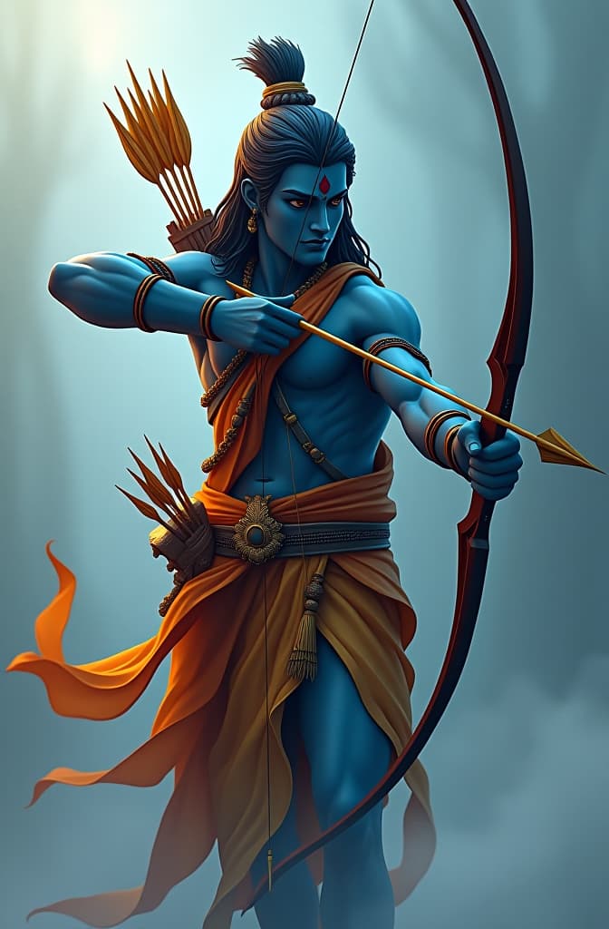  abstract full body illustration 2d illustration of blue skinned lord rama with bow and arrow hyperrealistic, full body, detailed clothing, highly detailed, cinematic lighting, stunningly beautiful, intricate, sharp focus, f/1. 8, 85mm, (centered image composition), (professionally color graded), ((bright soft diffused light)), volumetric fog, trending on instagram, trending on tumblr, HDR 4K, 8K