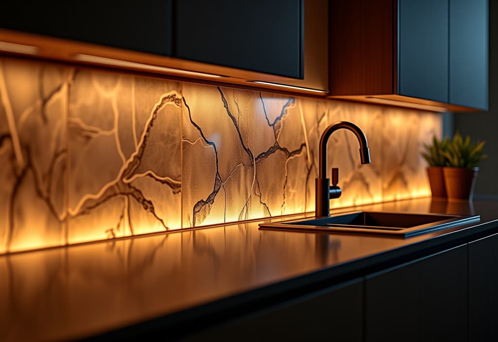  a landscape photo of a close up of a kitchen backsplash with integrated led lighting behind translucent stone, creating a warm glow, captured in low light to emphasize the illumination hyperrealistic, full body, detailed clothing, highly detailed, cinematic lighting, stunningly beautiful, intricate, sharp focus, f/1. 8, 85mm, (centered image composition), (professionally color graded), ((bright soft diffused light)), volumetric fog, trending on instagram, trending on tumblr, HDR 4K, 8K