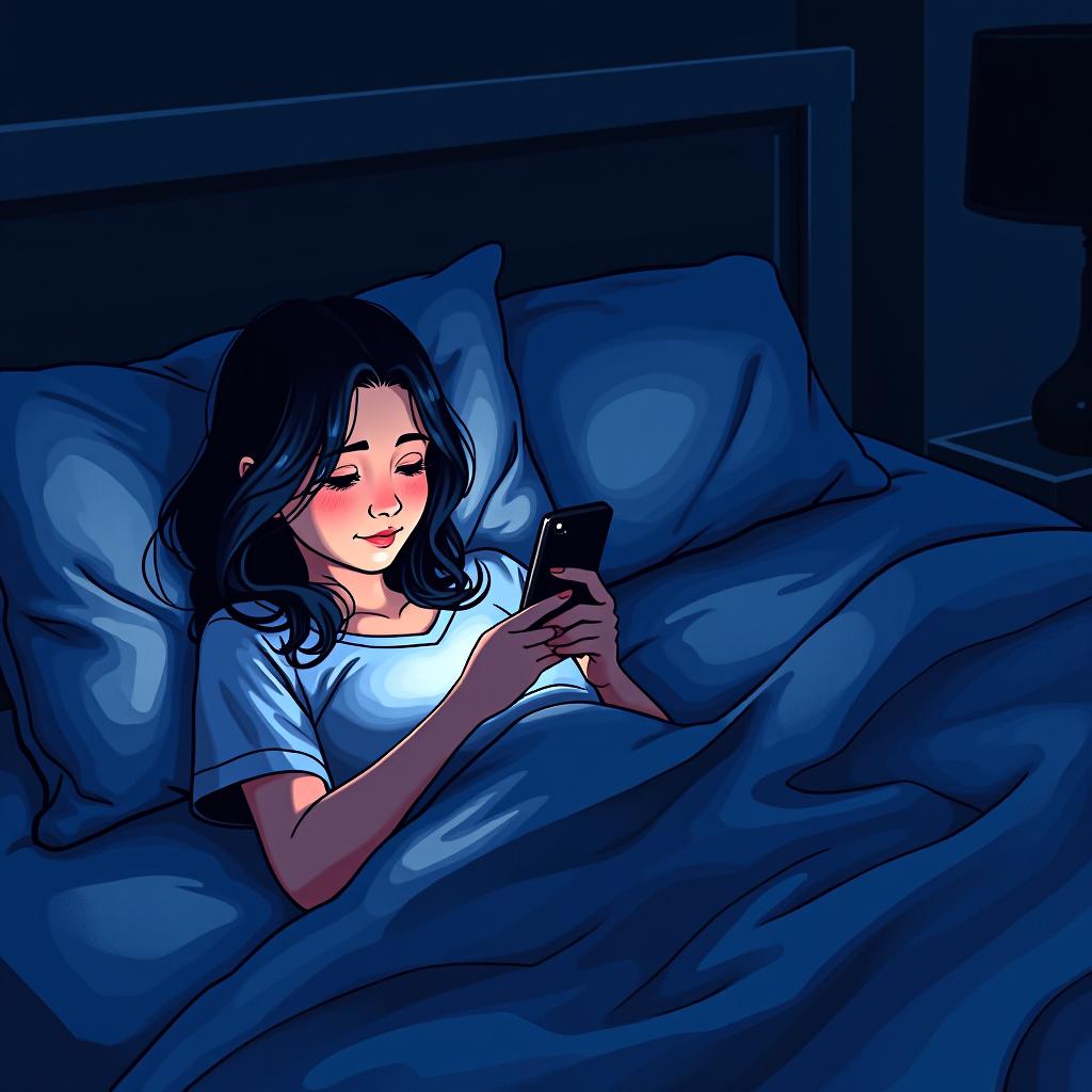  good quality, high quality, lineless vector illustration, watercolor comics, midnight, dark setting, checking phone lying on her bed in complete darkness, phone screen lighting up her face in the absolute darkness, screen flash lighting, 2d vector,