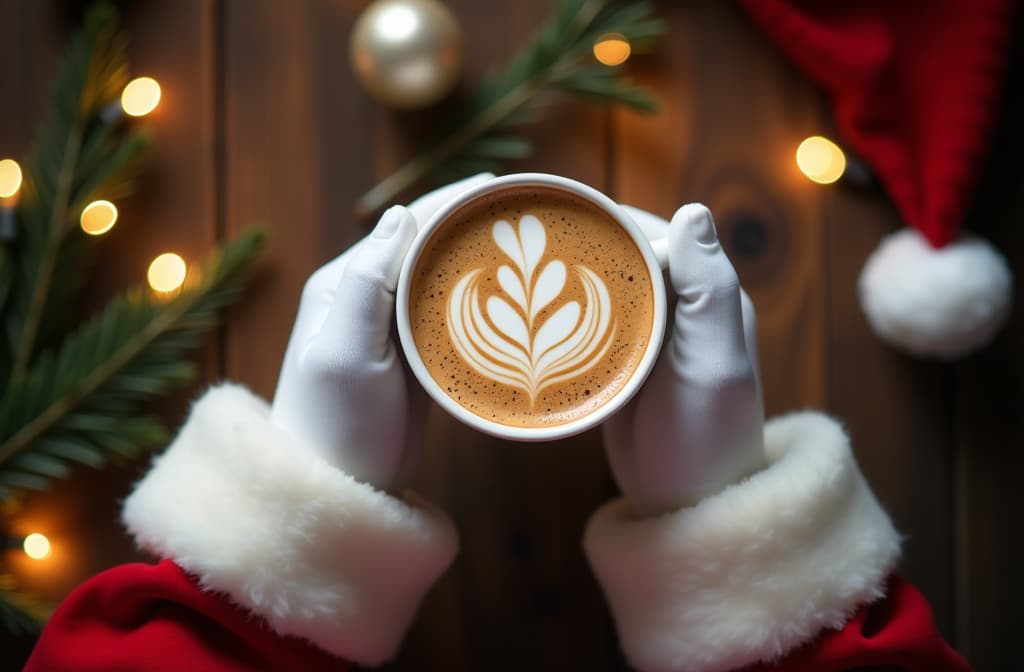  santa's hands in white gloves holding cappuccino top view with numbers 2025 on lights background {prompt}, maximum details