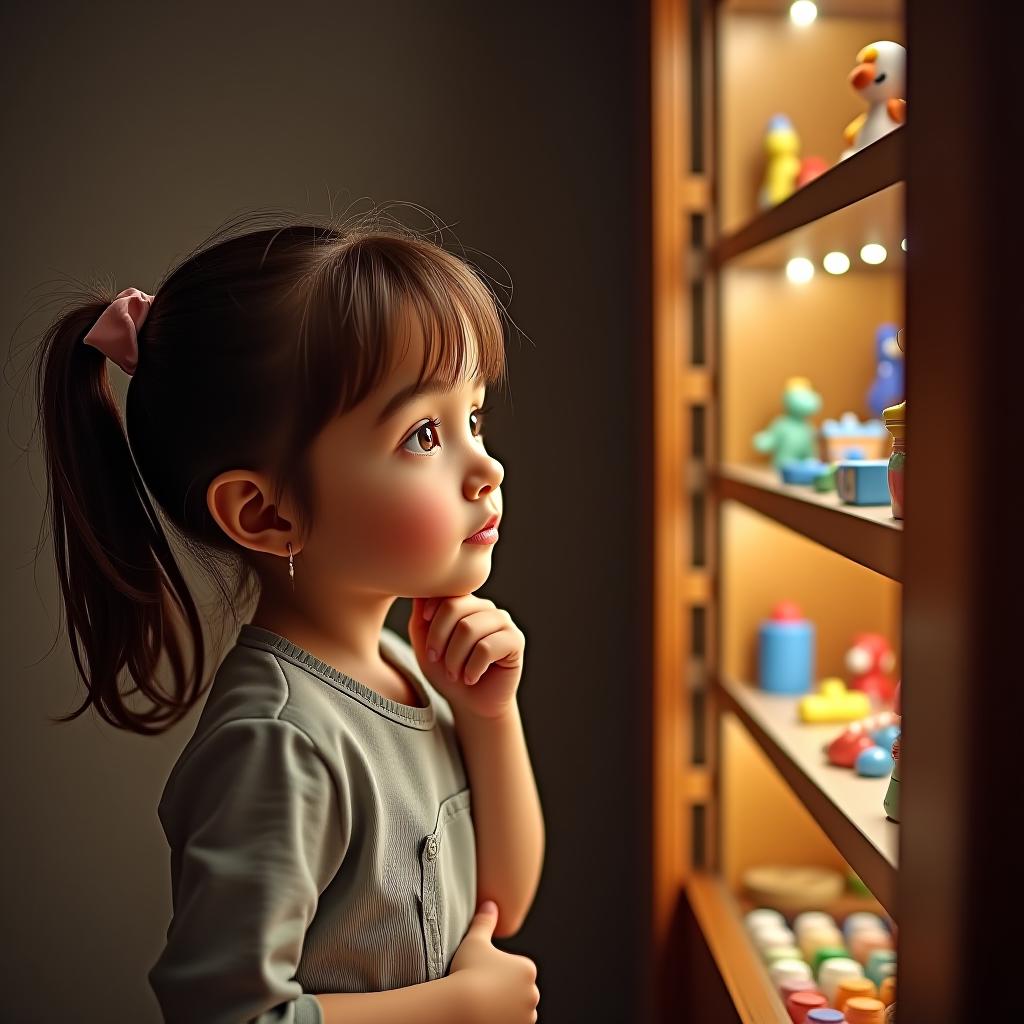  the girl is thoughtfully staring at her toy cabinet.