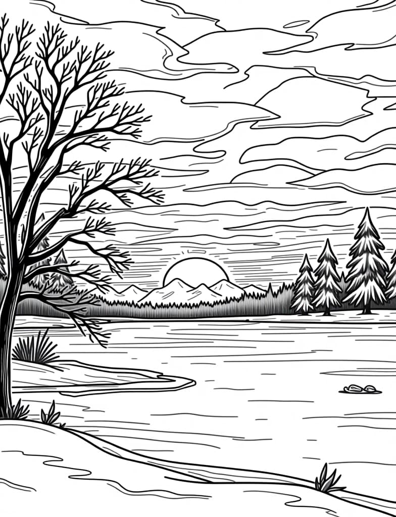  this is for an adult coloring page. a detailed black and white line art of a snowy winter sunset over a frozen lake on a solid white background.