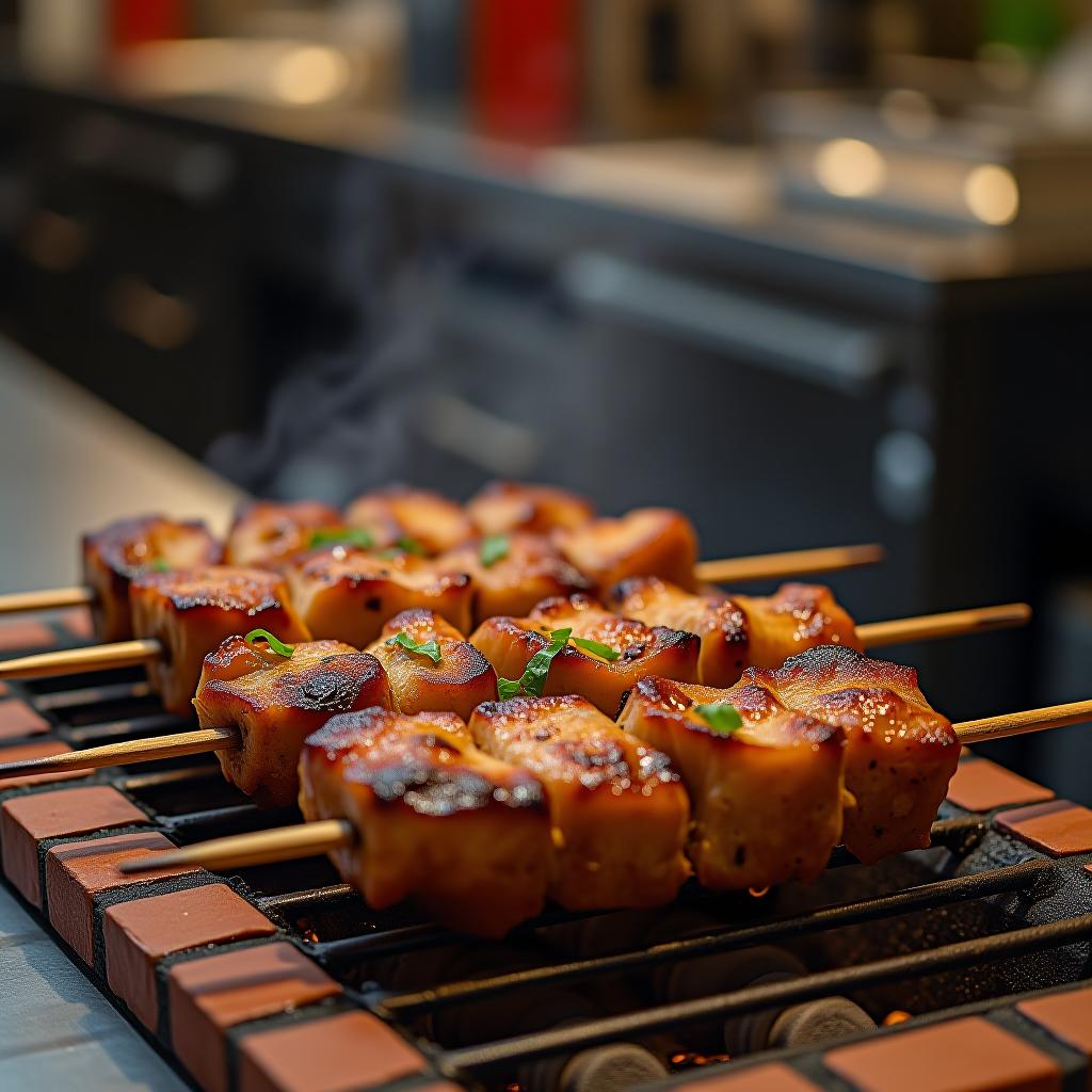  juicy meat on skewers is cooked on a brick grill in the café kitchen.